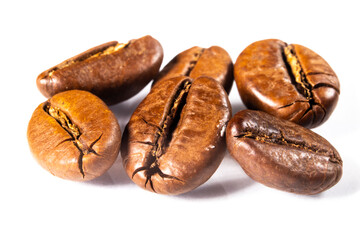Coffee beans isolated on white background.Closeup, macro. top view , flat lay.