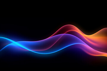Abstract colorful neon light lines and waves on black background.