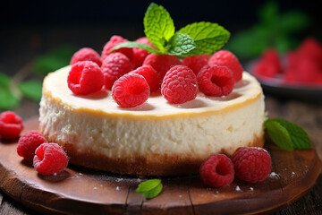 Cheesecake with fresh berries on wooden background.