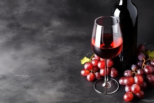 Red wine glass and wine bottle with grapes on black stone background.