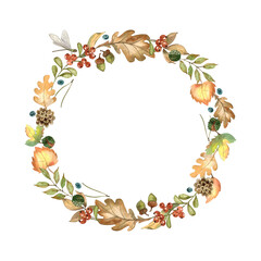 Autumn wreath with golden autumn leaves, mushrooms, watercolor Botanical illustration frame. Isolated on white