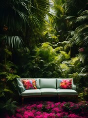 luxury sofa in the tropical forest Daylight Cinematic generative ai illustration art