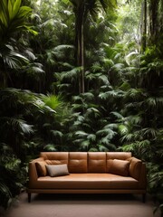 Fototapeta premium luxury sofa in the tropical forest Daylight Cinematic generative ai illustration art