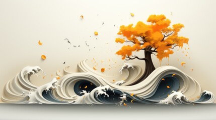 autumnal bonsai on fluid waves
