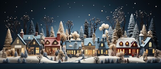 Cute Christmas houses in a row. Christmas New Year banner. Cozy winter scene illustration in vintage style