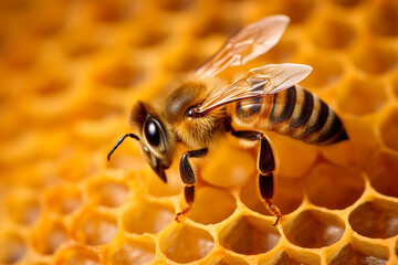 Bee with sweet honeycomb background.