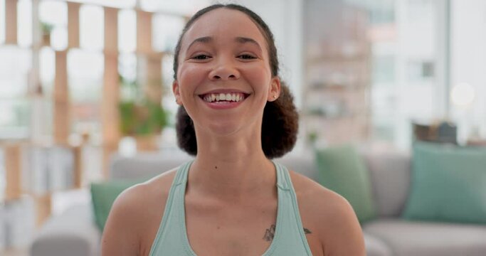 Yoga, face and happy woman in a living room for training, wellness and fitness in her home. Pilates, portrait and female smile for workout, routine and holistic exercise for mental health in a house