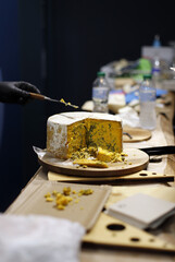 traditional artisan Shropshire cheese on market counter
