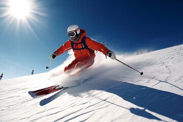 Skier skiing in the sun with blue sky.