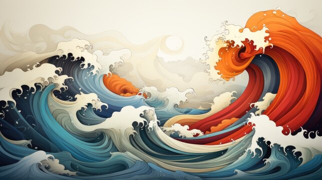 stylized ocean waves and clouds at sunset