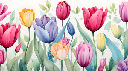 watercolor style tulips white background