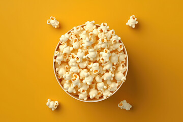 Crunchy, buttery popcorn on a colored background. Perfect movie snack. Delicious and satisfying.