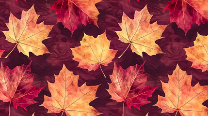Naklejka na ściany i meble Autumn leaves pattern on red background