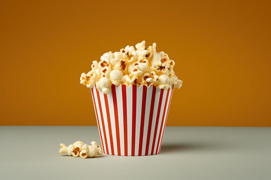 Crunchy, buttery popcorn on a colored background. Perfect movie snack. Delicious and satisfying.
