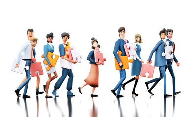Fototapeta premium Business people walking with puzzle pieces. 3D rendering illustration