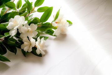 Greeting card template with white flowers on white laminate floor. Top view, side lighting, copy space, minimalism