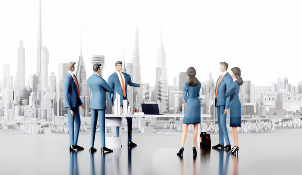 Successful business team talking and collaborating on a project. Beautiful city view with skyscrapers at the background 3D rendering
