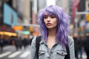Fototapeta na wymiar Young woman in purple hair on a street Generative AI