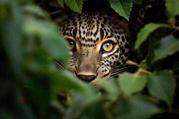 Fototapeta na wymiar Piercing gaze of a leopard hidden in the foliage