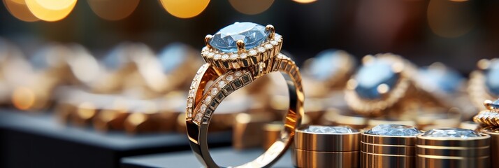 Wedding rings on display in luxury jewellery store, closeup