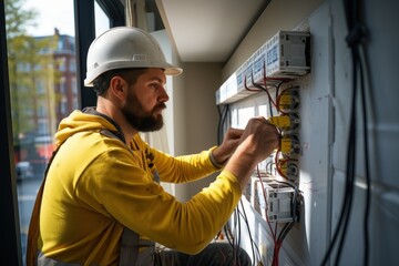  Electrician Fixing the Light Inside Remodeled Apartment. Construction Theme Caucasian Electrician in Yellow Safety Hard Hat at Work. Reinstallation of Residential Electrical System.
