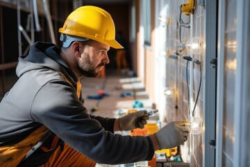  Electrician Fixing the Light Inside Remodeled Apartment. Construction Theme Caucasian Electrician in Yellow Safety Hard Hat at Work. Reinstallation of Residential Electrical System.