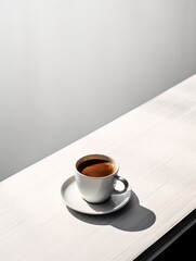 Fototapeta na wymiar Cup of coffee on a white wooden table, Copy space