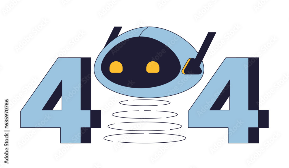 Poster Robot head on spring error 404 flash message. Artificial intelligence. Empty state ui design. Page not found popup cartoon image. Vector flat illustration concept on white background