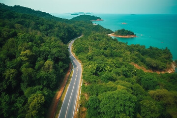 Aerial view of road with green forest on lake in side.