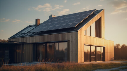 Close up of a new building with solar panels on the roof. Sustainable and clean energy at home.