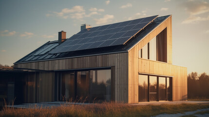 Obraz premium Close up of a new building with solar panels on the roof. Sustainable and clean energy at home.