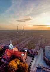 Aerial view of Anne's Church in the historic Nikiszowiec mining district of Katowice, Poland