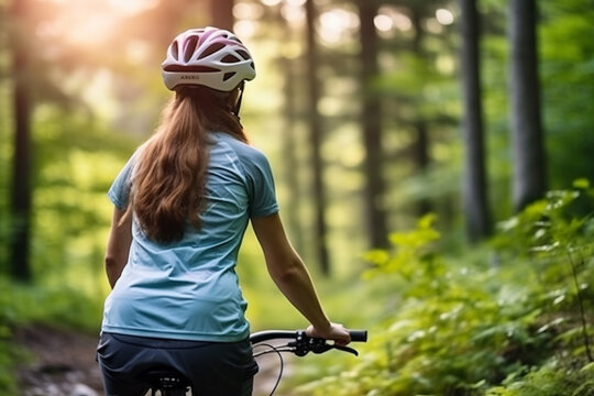 Woman riding a bicycle on the road in the forest.