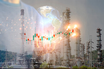 Obraz premium Oil refinery or petrochemical plant concept. The trend continues to demand output, market price, demand, supply, business idea, industry, fuel, electric power.