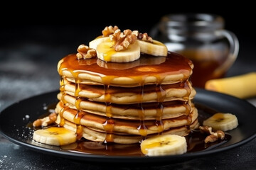 Pancakes with banana ,walnuts,honey on black stone background .
