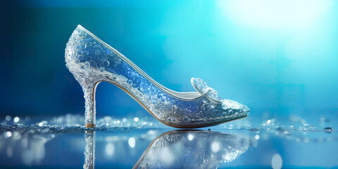 Cinderella crystal slipper on blue Abstract Defocused background - obrazy, fototapety, plakaty