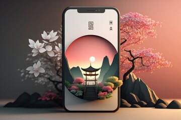 Smartphone with chinese temple and cherry blossom
