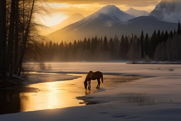 Majestic scenery: mountains, river, meadow and horse., generative IA