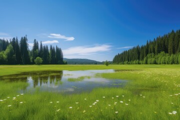Serene meadow with lake, trees and distant mountains., generative IA