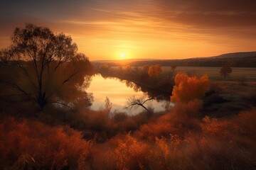 River meandering between golden hills at sunset., generative IA