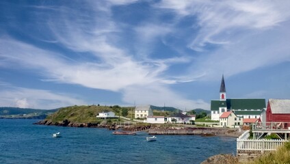 A boat and other boats on a body of water near a church
