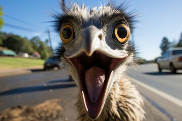 An emu escapes from a zoo and causes a hilarious chaos. - obrazy, fototapety, plakaty