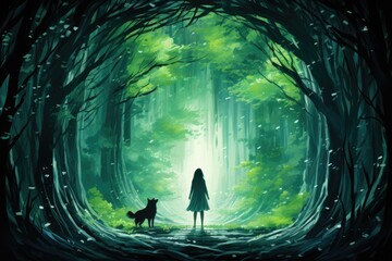 Lost in the woods, encountered a curious wolf, made an unlikely friend. - obrazy, fototapety, plakaty