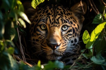 A leopard silently sneaks through the dense jungle, searching for prey.