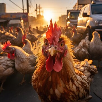 A chicken crossing the road causes a traffic jam chaos.