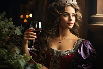 wine princess with red wineglass and winegrape in autumn vineyard harvest festival
