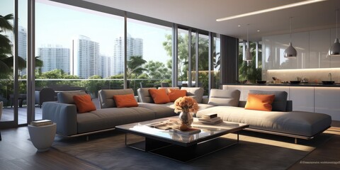 Interior design of luxury  apartment, living room and dining room