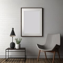 Empty vertical picture frame mockup on wall background.