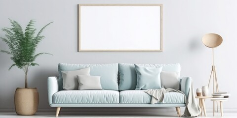 Blank horizontal white picture frame mockup hanging on wall background.