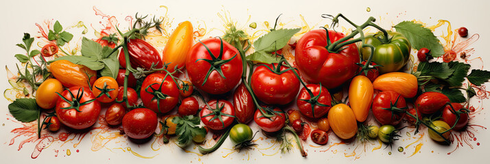Tomatoes on white background with water drops, banner
